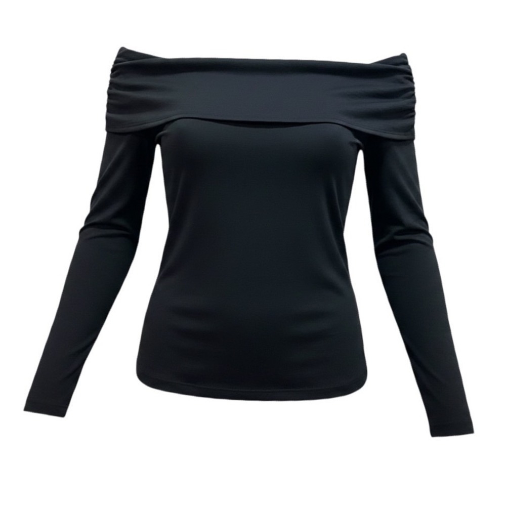 Trendy Queen Black Off The Shoulder Ruched Long Sleeve Top Small